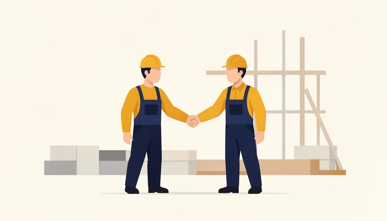 Zwei Handwerker unterschiedlicher Gewerke geben sich vor einer Baustelle die Hand