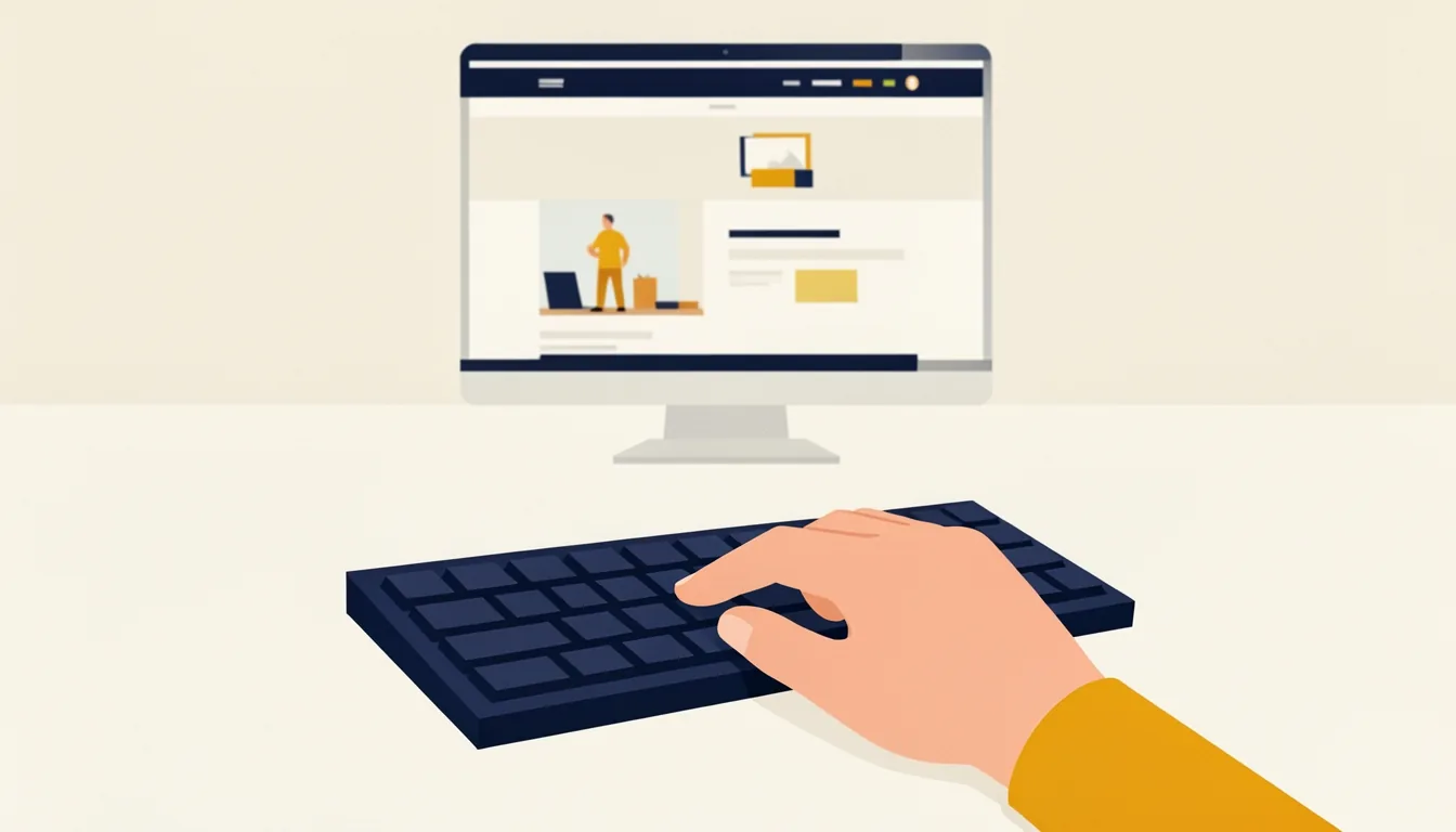 Eine Nahaufnahme einer Computertastatur, eine Hand drückt eine Taste, im unscharfen Hintergrund ein Bildschirm mit einer Website