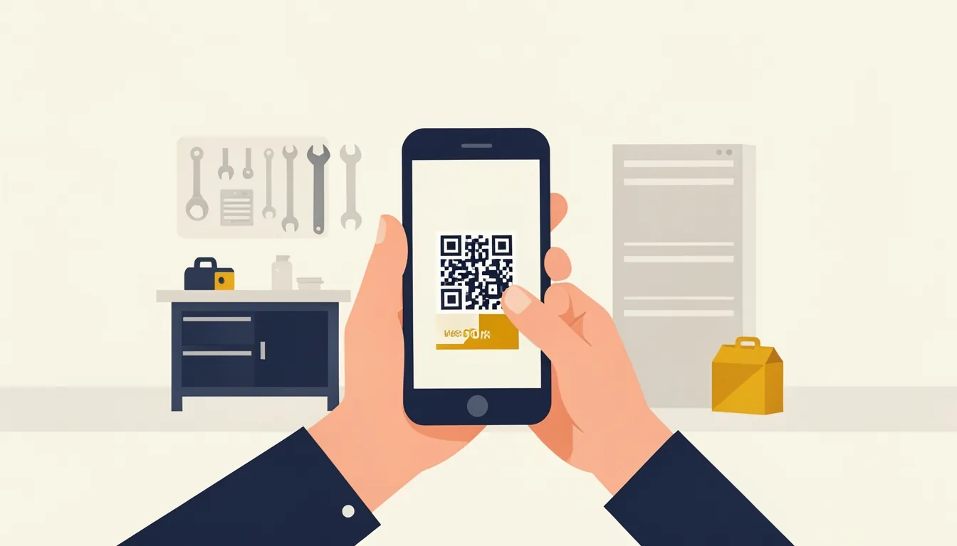 Eine Hand hält ein Smartphone, das einen QR-Code auf einer kleinen Aufstellkarte scannt, im Hintergrund eine Werkstatt