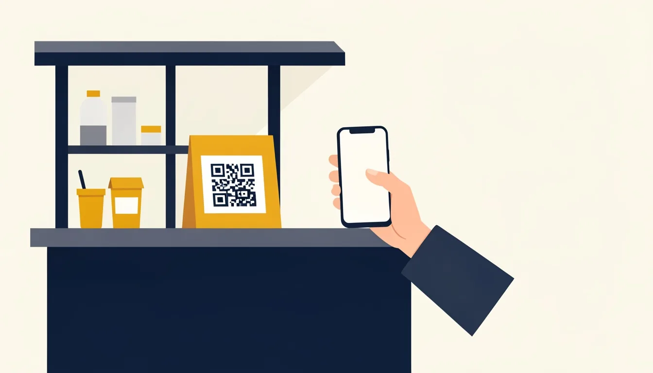 Ein Aufsteller mit QR-Code auf dem Tresen eines kleinen Handwerksbetriebs, ein Kunde hält sein Smartphone davor