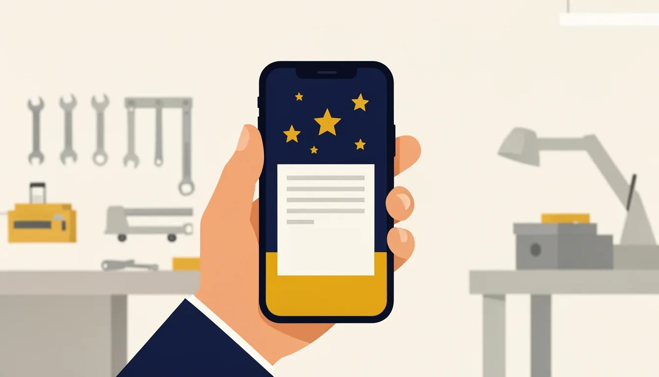 Nahaufnahme eines Smartphones in einer Hand, auf dem Bildschirm Sterne und ein Textfeld, im Hintergrund eine Werkstatt unscharf