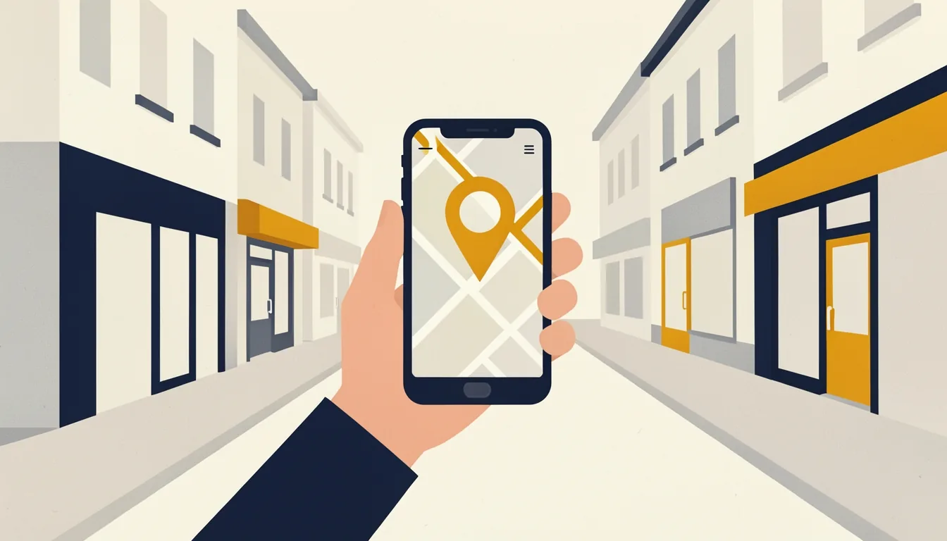 Eine Hand hält ein Smartphone mit einer Kartenansicht und einem Standort-Stift, im Hintergrund eine ruhige Straße mit kleinen Geschäften