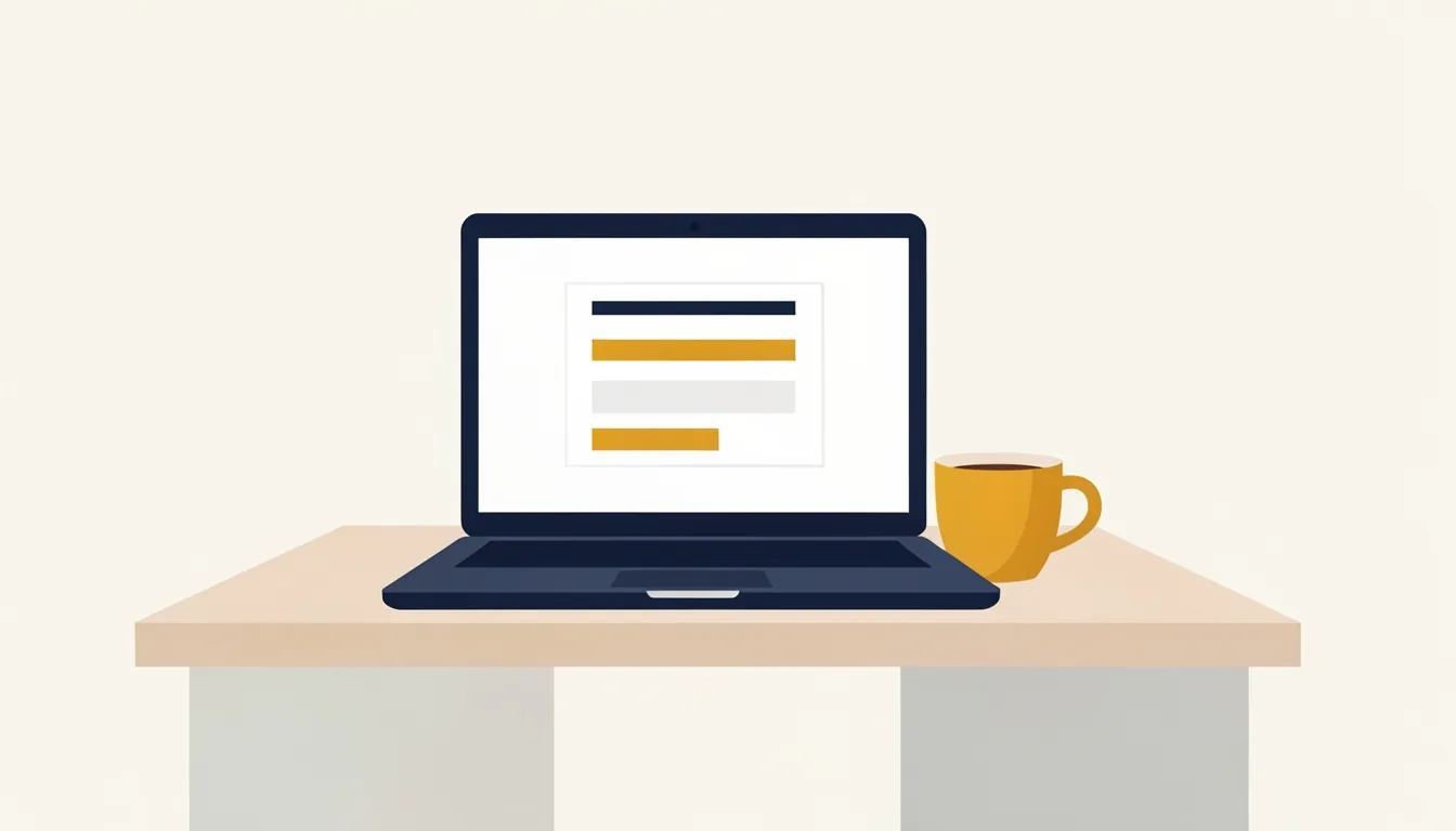Ein Laptop-Bildschirm zeigt ein Formular mit Firmenname, Kategorie und Adresse, daneben eine Kaffeetasse auf dem Schreibtisch