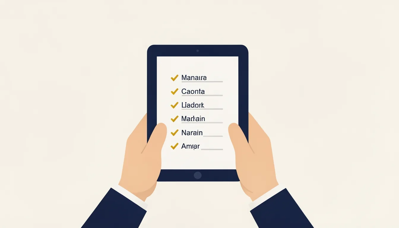 Zwei Hände an einem Tablet mit einer einfachen Liste aus Namen und Häkchen, im Hintergrund eine ruhige Werkstatt