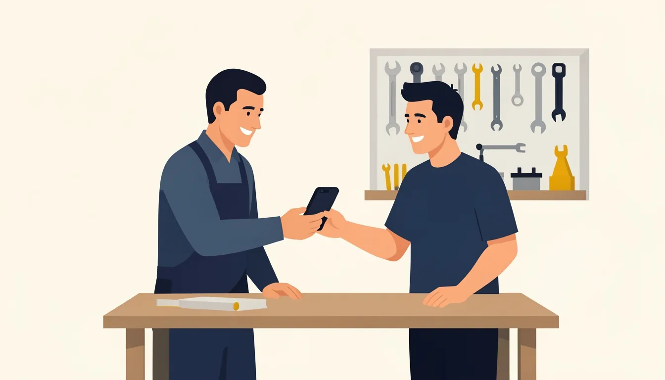 Ein Handwerksmeister übergibt einem jüngeren Kollegen an einem Werkstatttisch ein Smartphone, beide lächeln, im Hintergrund eine Werkzeugwand