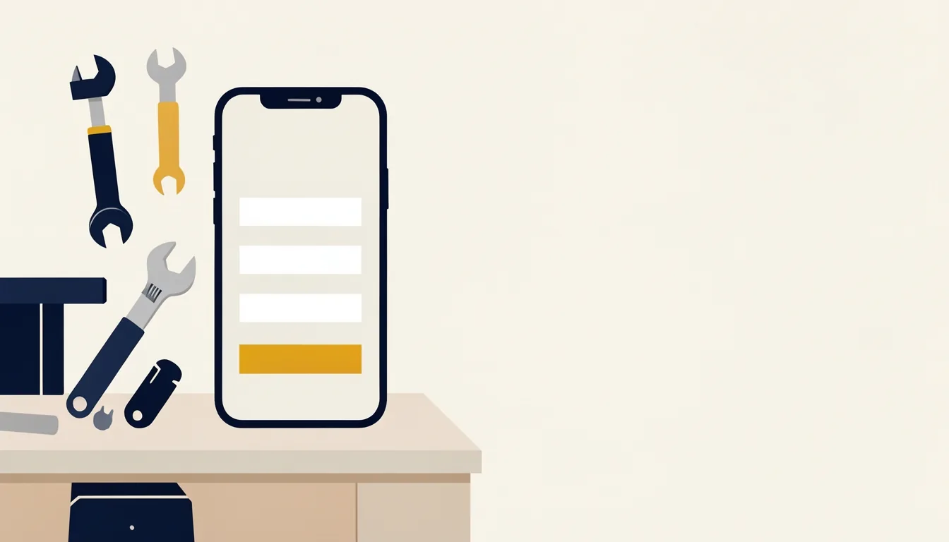 Ein Smartphone auf einem Werktisch neben Werkzeug, auf dem Bildschirm ein einfaches Kontaktformular