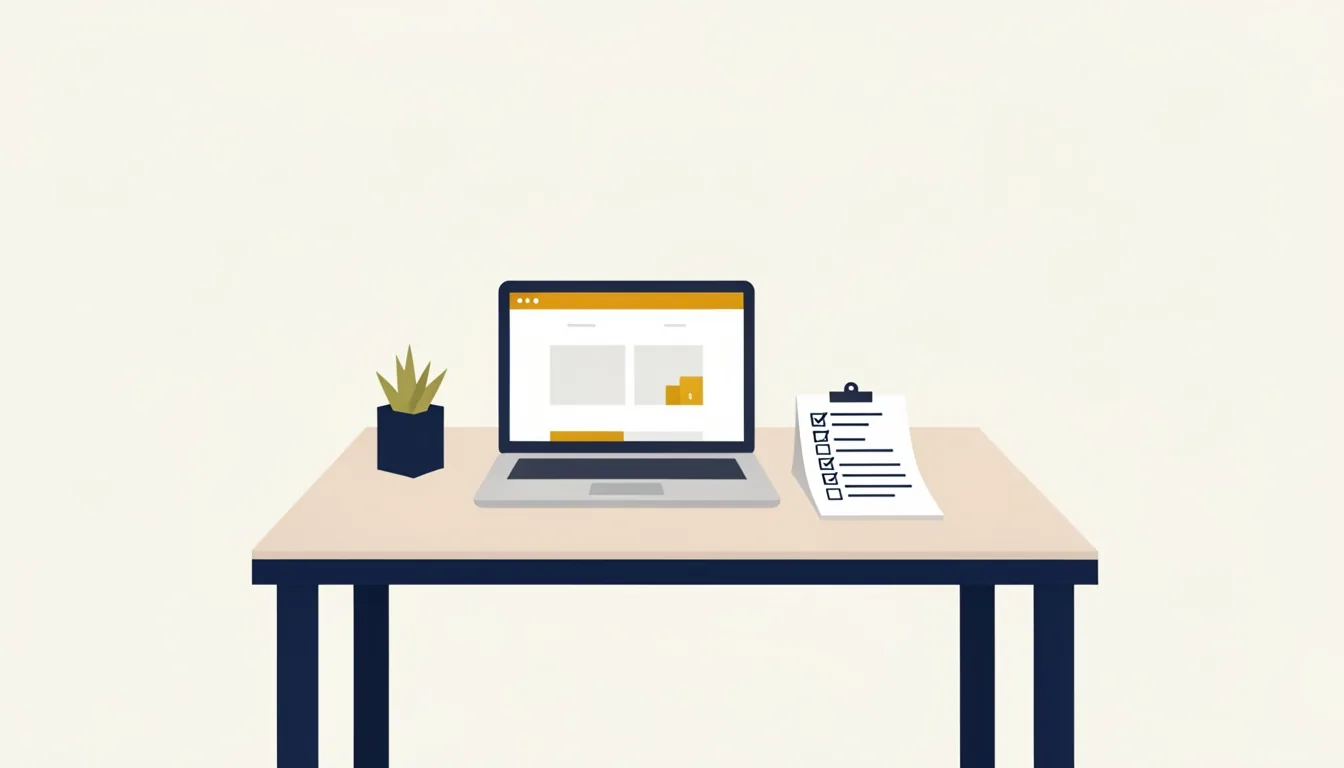Ein einfacher Schreibtisch in einem kleinen Büro, darauf ein Laptop mit einer schlichten Website und eine handgeschriebene Checkliste daneben