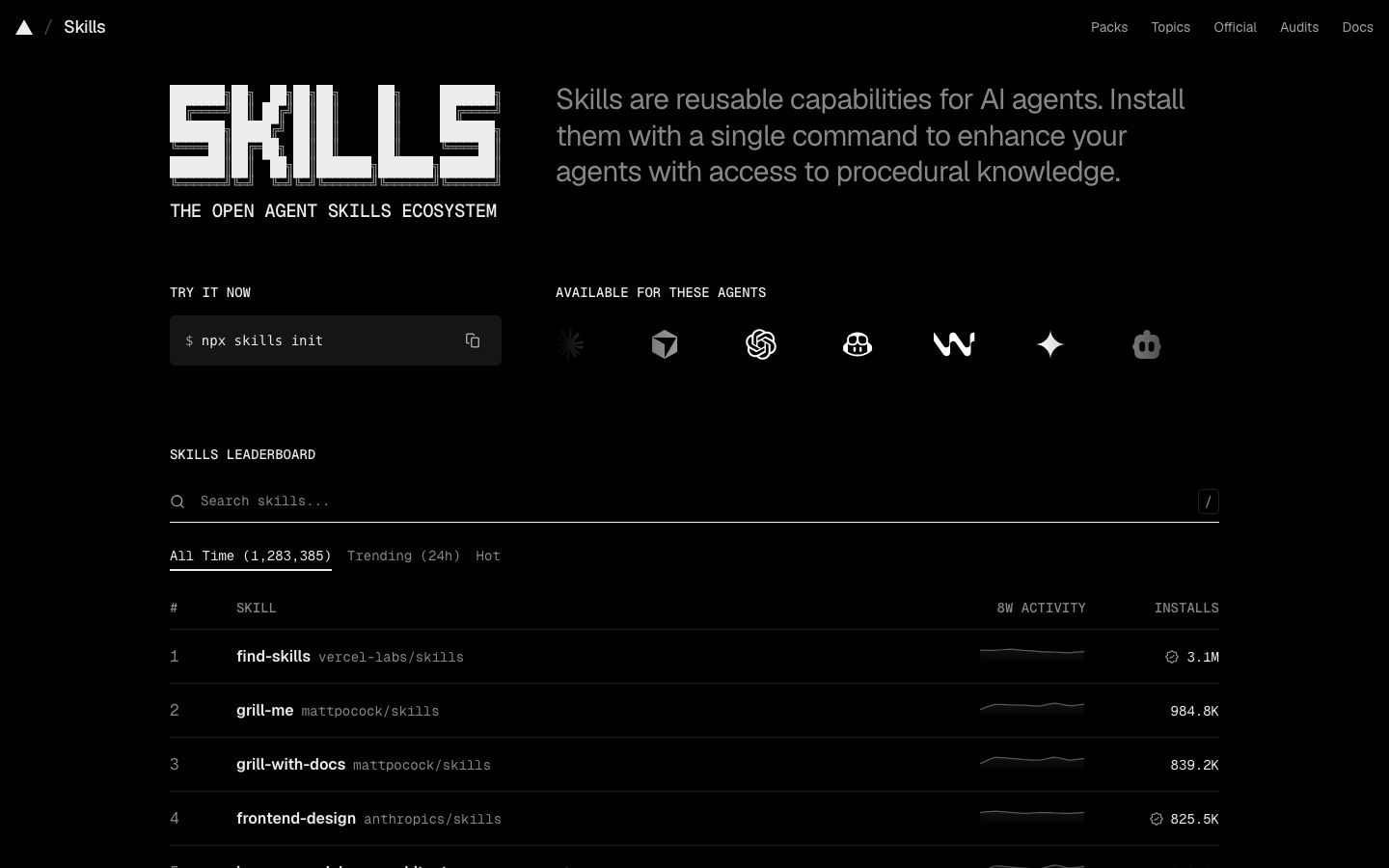 Die Startseite von skills.sh, dem offenen Skill-Verzeichnis: Bestenliste der meistinstallierten Skills, Installation mit einem Befehl
