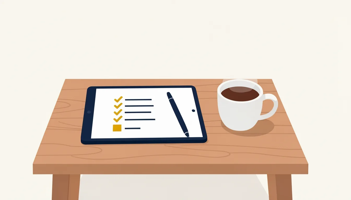 Eine Checkliste auf einem Tablet, daneben eine Tasse Kaffee auf einem Schreibtisch