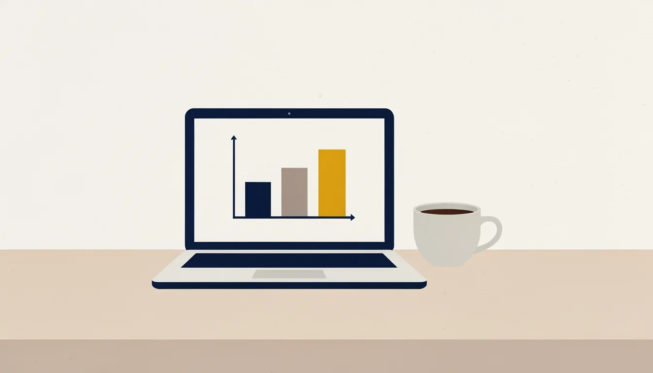 Ein Laptop zeigt ein Balkendiagramm-Symbol als Sinnbild für einen Geschwindigkeitstest, daneben eine Tasse Kaffee