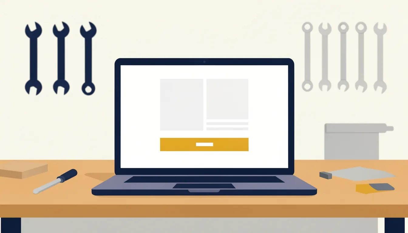 Nahaufnahme eines Laptop-Bildschirms auf einem Werkstatttisch mit der Vorschau einer schlichten Website, im Hintergrund unscharf Werkzeug an der Wand